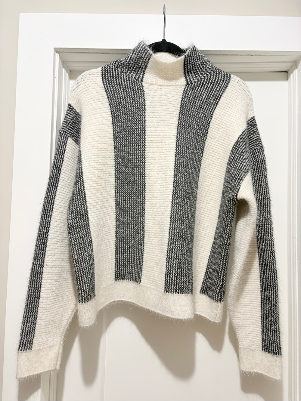 Anthropologie Cream and Black Striped Mock-Neck Sweater